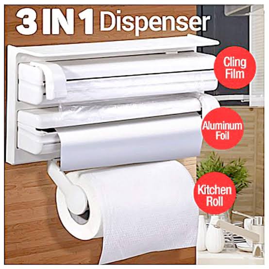 3 In 1 Multifunctional Kitchen Roll Holder, Cling Film Wall Mounted Paper Holder Shelf, Triple Food Wrap Dispenser, Kitchen Roll Holder With Spice Rack and Slide Cutter, Multifunctional Cling Film Cutter