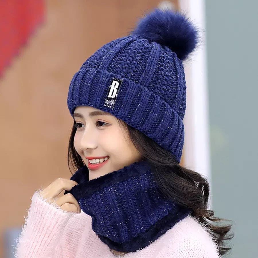 Female Outdoor Casual Windproof Hat, Winter Plush Warm Cap, Women Wool Knitted Hat, Collar Warm Keep Face Warmer Beanies Hat