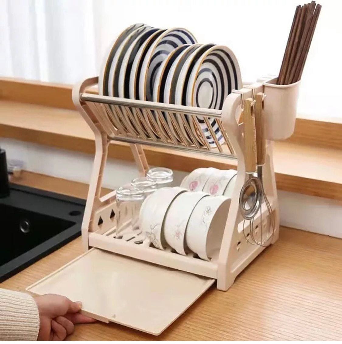 Double Layer Kitchen Dish Bowl Draining Storage Rack, Dish Drying Rack, Multifunctional Floor Mounted Tableware Storage Rack, Plate Tableware Rack Chopsticks Cage, Spoon Holder Stand