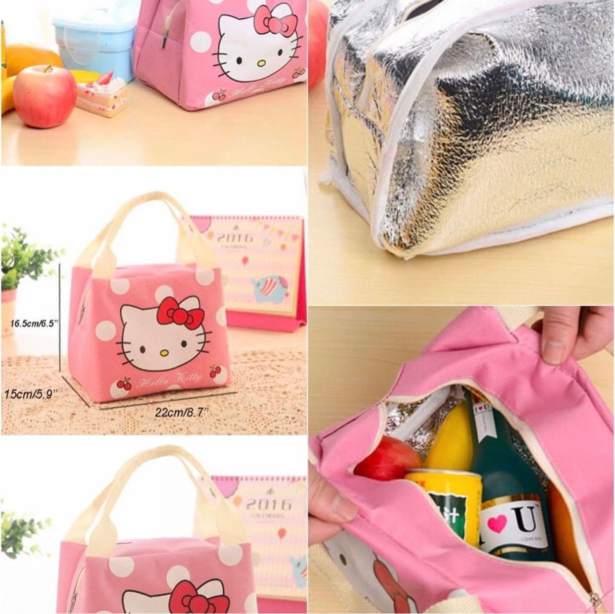 Hello Kitty Lunch Bag, Canvas Student Large Handbag, Waterproof Lunch Bag for Women kids,  Aluminum Foil Thickened Large Insulation Bag