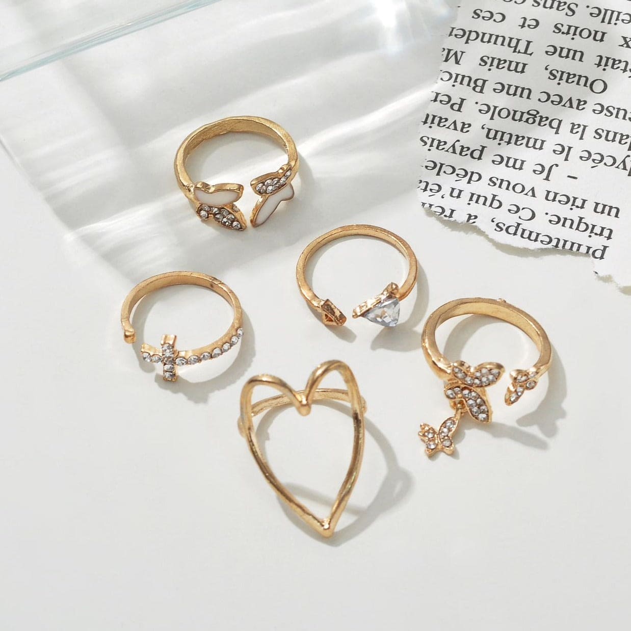 Set Of 5 Butterfly Heart Adjustable Gold Ring Set, Bohemian Ring Heart Butterfly Gold Color Rings, Crystal Geometric Knuckle Midi Rings for Women