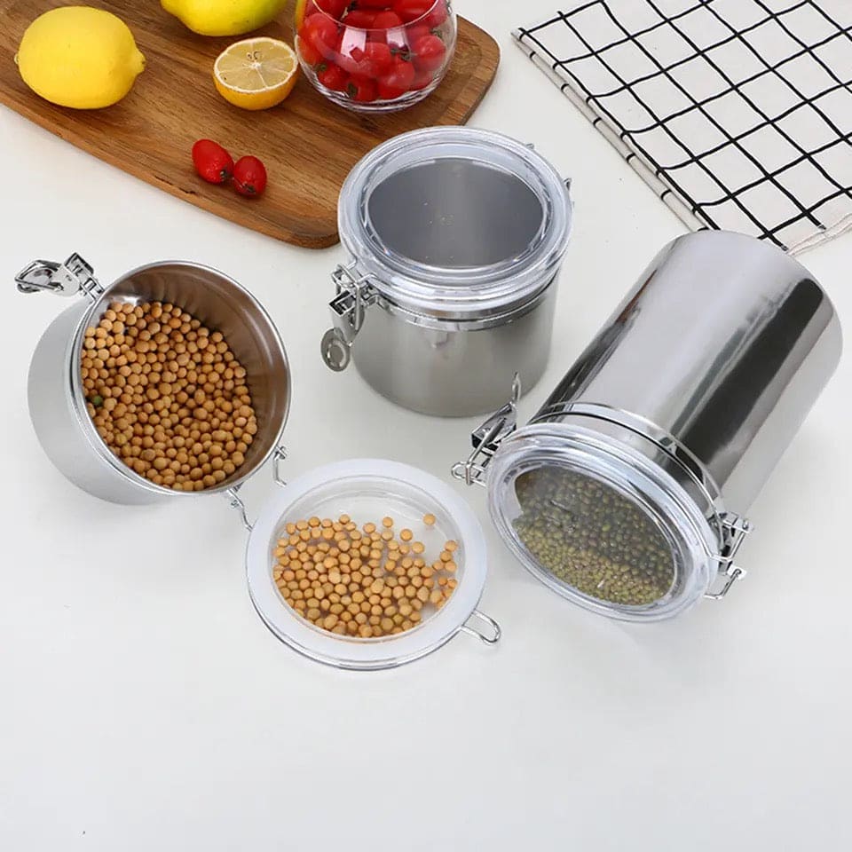 Set Of 4 Stainless Steel Airtight Sealed Canister, Coffee Flour Sugar Tea Container, Kitchen Container Seal Storage Jars With Plastic Cover, Miscellaneous Grain Food Storage Containers, Metal Sealed Can, Tea Leaf Organizer, Kitchen Accessories