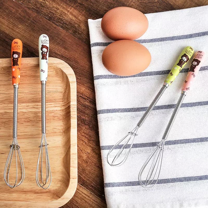 Mini Handle Egg Beater, Cute Cartoon Ceramic Handle Manual Beater, Hand Stirring Beaters, Multifunctional Cream Coffee Churn Baking Accessories Kitchen Tool, Stainless Steel Whisk, Mini Handle Stirrer Whisk