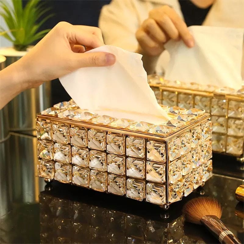 Rectangular Crystal Rhinestone Tissue Box, Desktop Napkin Storage Box, Gold Luxurious Bling Tissue Holder, Napkin Container for Bedroom And Dining Room