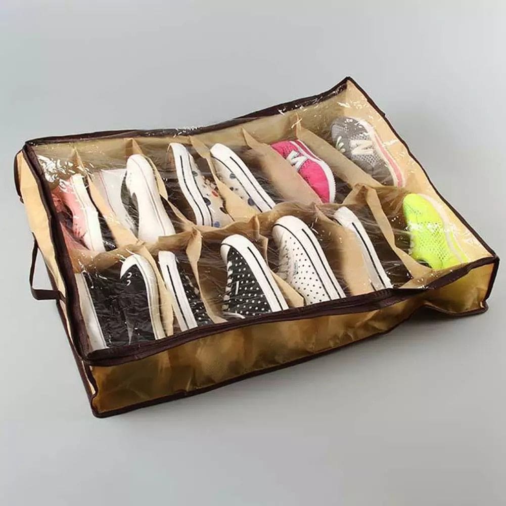 12 Compartment Non Woven Shoe Organizer, Underbed Shoe Storage Bag, Easy To Carry Shoe Bag
