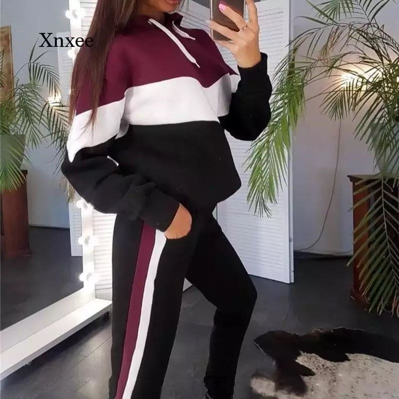 Women's Casual Patch Work Hooded Style Tracksuit, Fabric  Spring and Autumn Women's Sportswear, Two-Pieces Hooded Pilot Sweatshirt, Top and Pants Sports Jogging Suit