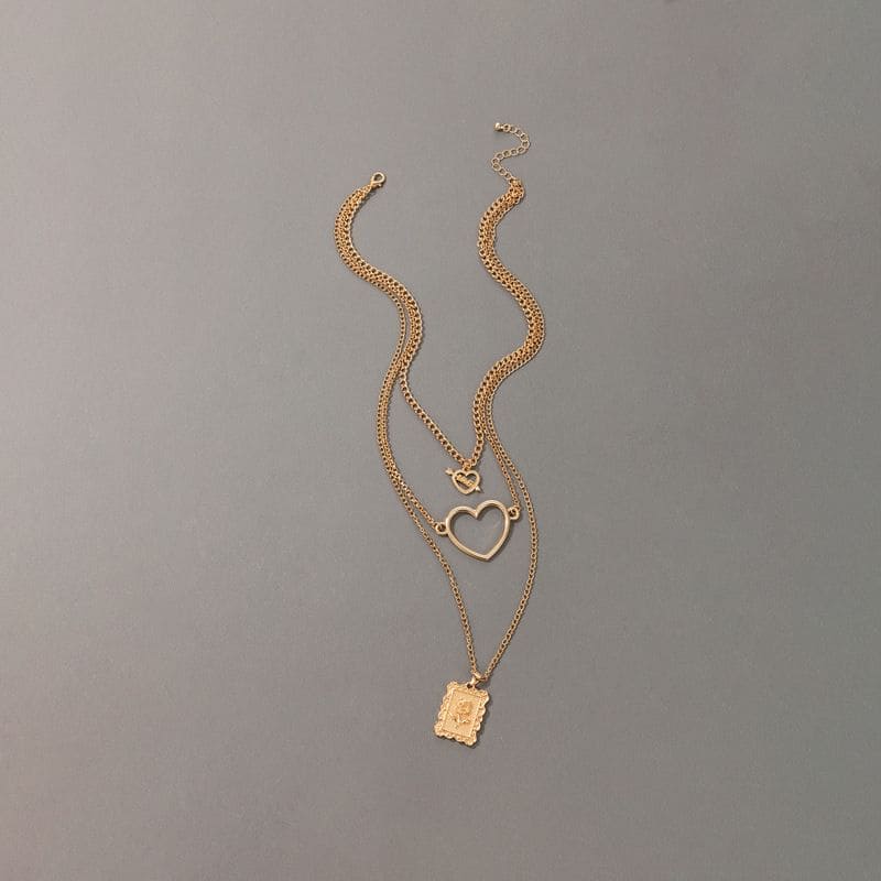 Three Chain Long Necklace, Heart Charms Long Chain Necklace, Multilayer Cute Pink Crystal Heart Charms Metal Long Necklace