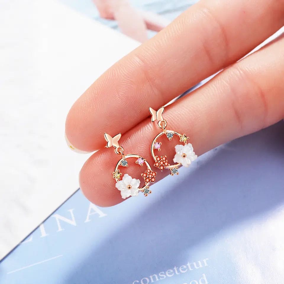 Romantic Crystal Butterfly Flowers Earrings for Women, Butterfly Round Enamel Flower Drop Earrings, Small Simple Earrings