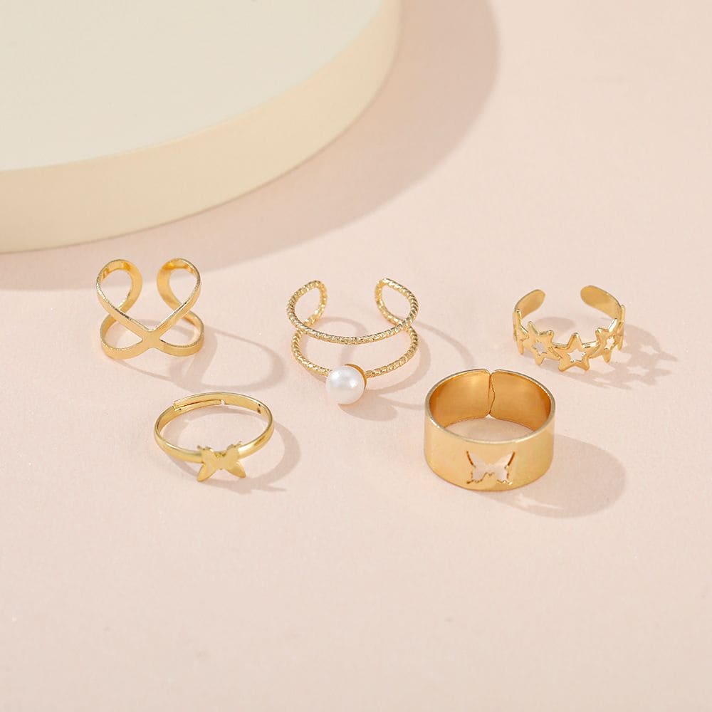 Set Of 5 Butterfly Cross Pearl Rings, Docona Elegant Rings, Vintage Elegant Imitation Rings, Vintage Butterfly Circle Joint Ring Boho Finger Rings Jewelry
