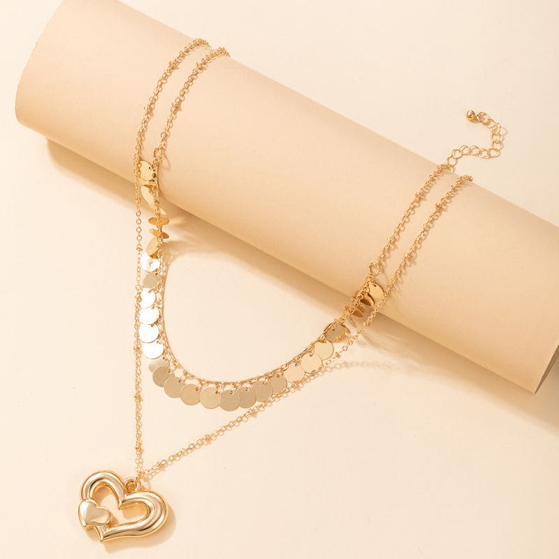Love Heart Chain Pendant, Multilevel Heart Necklace For Women, Vintage Simulated Gold Pendant,  Double Layer Choker Necklace, Heart Charms Long Chain Necklace