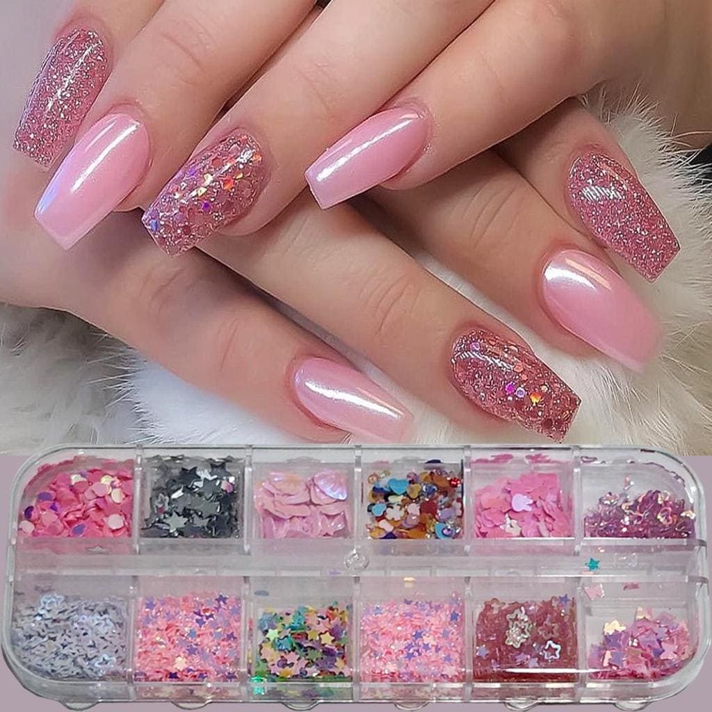 Set Of 12 Nail Art, Nail Sequins Color, 3D Nail Art Decorations, Multi Nail  Charms, Holo Glitter Flakes Dazzling Paillettes, Magic Mirror Nail ...