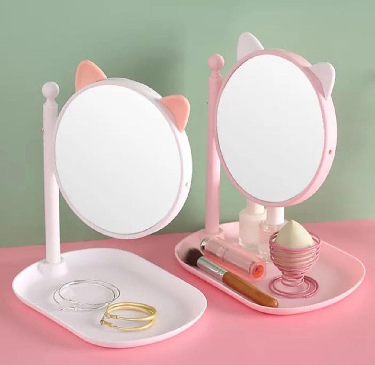 Cat Ears Princess Rotatable Mirror With Jewellery Cosmetic Storage Tray, Waterproof and Dustproof Cosmetics Storage Display Organizer, Cute Cat Head Flexible Mirror