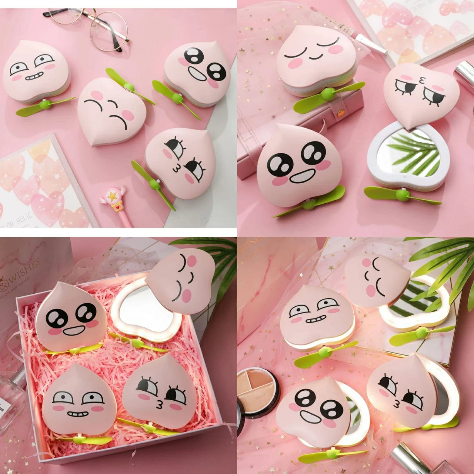 Mini Multifunctional LED Makeup Mirror With Fan, Mini Handheld Compact Mirror with Fan, Portable USB Charging Handheld Fan, Personal Handheld Fan And Makeup Mirror, Heart Lighting Mirror With Fan