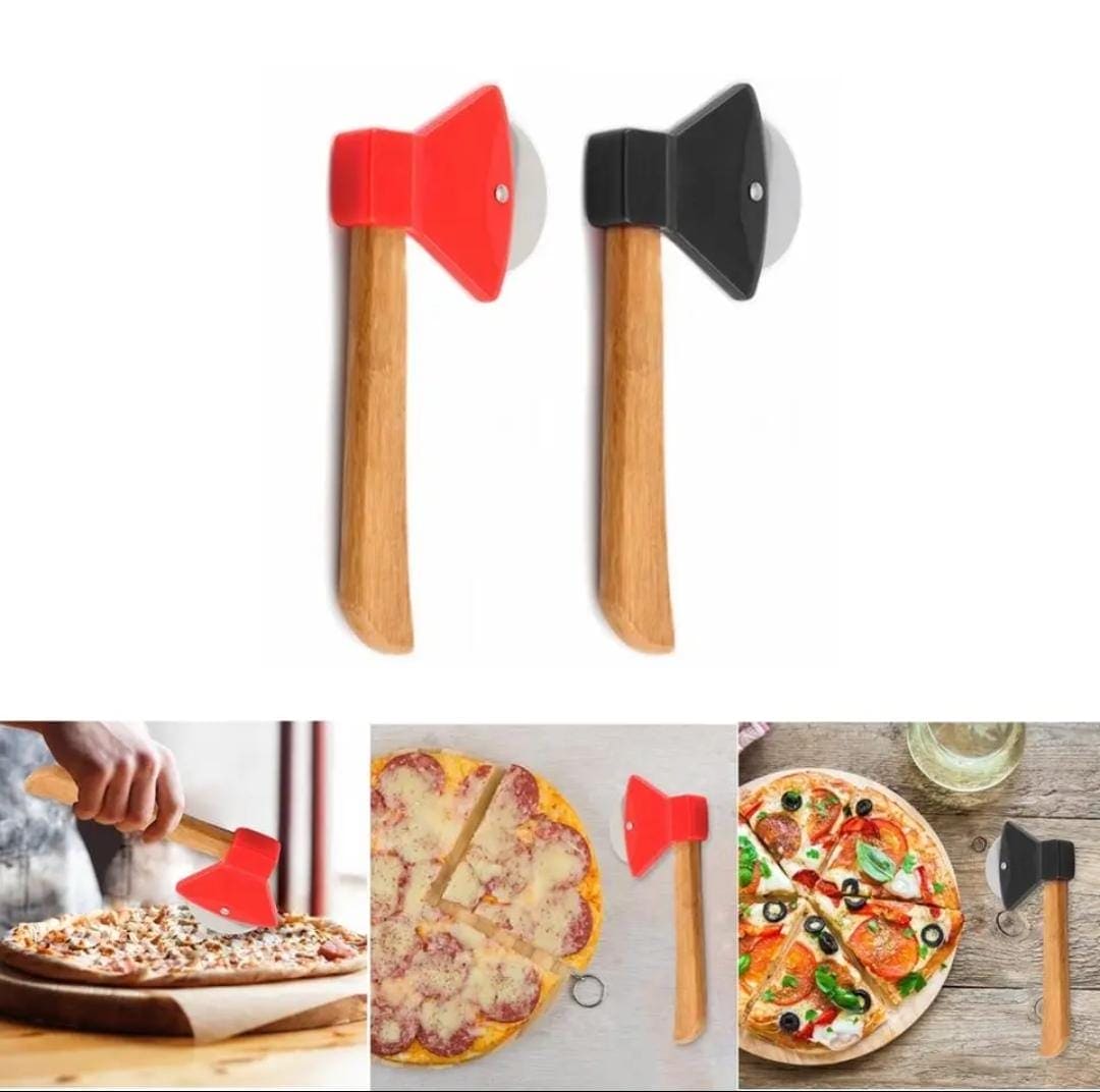 Axe Bamboo Handle Pizza Cutter, Stainless Steel Rotating Blade Pizza Pastry Pasta Dough Cutting Tools, New Portable Round Pizza Pizza Cutter