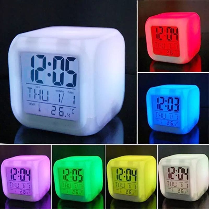 7 LED Color Changing Digital Light Alarm Clock, Thermometer Color Changing Color Electronic Clock, Alarm Clock With LED Flash Light, Cube/Round Snooze Led Alarm, Glowing Alarm Watch
