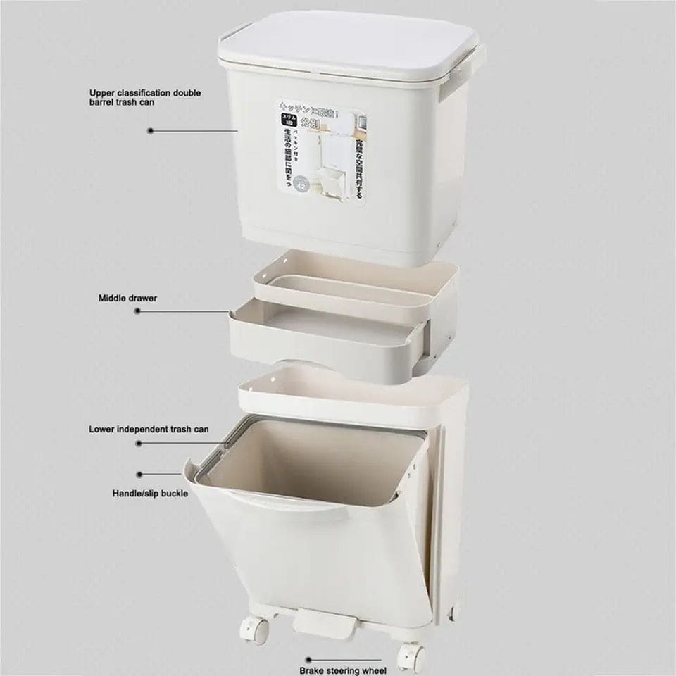 3 Layer Trash Bin, Kitchen Gargabe Can, Recyclable Vertical Trash Cabinet,  Household Waste Bin With Wheels, Large Plastic Cube Storage Bins Basket With Lid, Household Classification Bucket, 42L Three-layer Kitchen Separation Trash Can