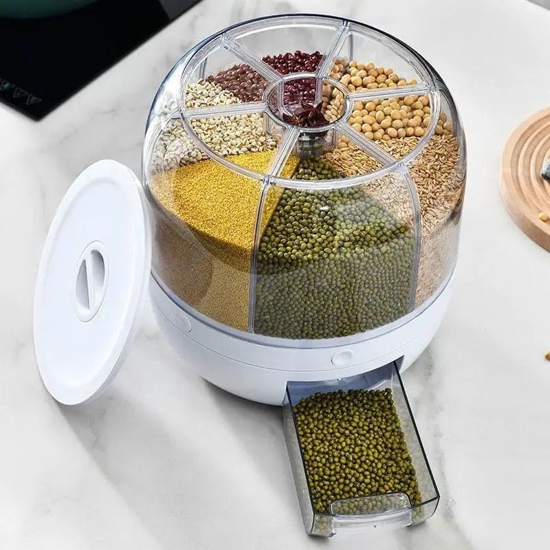 6 Grid Round Cereal Dispenser, 360° Rotatable Rice Barrels, Multi Compartment Grain Dispenser, Rotary Partition Sealed Jar, Round Rice Storage Tank, Measuring Container Kitchen Grains Rice Storage Bucket Food Organizer