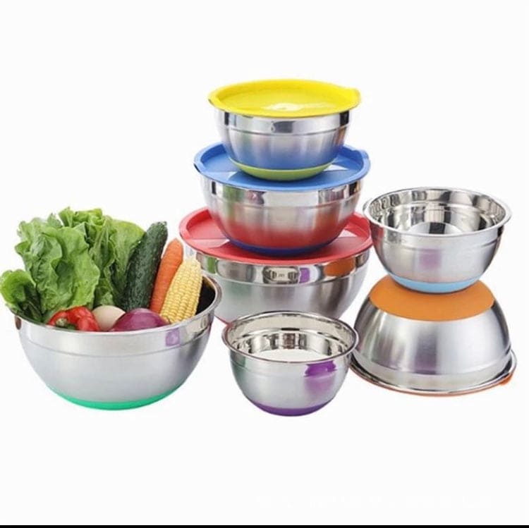 Set Of 5 Stainless Steel Mixing Bowl With Lid, Non-slip Silicone Base Mixing Bowl Set, Salad Cooking Mixing Bowl, Silicone Slip Resistant Stainless Steel Pots, Multifunctional Sealed Fresh Bowl Household, Kitchen Cooking Bowl