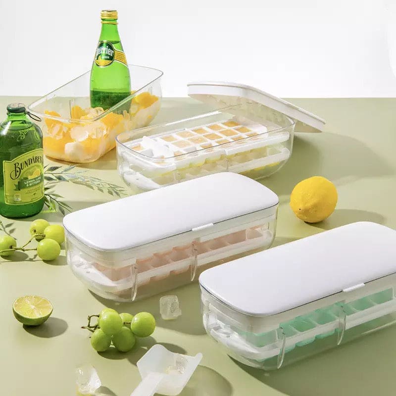 Press Type Ice Cube Maker, Silicon Ice Tray Making Molds, Creative Storage Box With Lid Trays, Square Cubic Container
