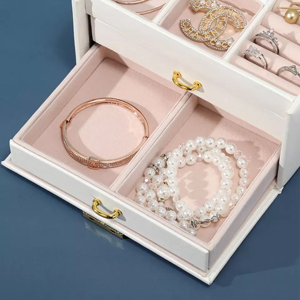 3 Layer Luxurious Large Capacity Jewellery Organizer,  Large Capacity Display Holder, Earring Ring Bracelet Storage Case for Women, Double Drawer Leather Jewelery Box,  Earring Bracelet Holder Organizer With Mirror