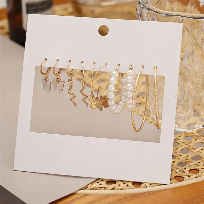 Set Of 5 Gold Acrylic Dangle Earrings Set, Women Pearl Drop Earrings, Pearl Hoop Earrings Set, Vintage Circle Geometric Twist Earrings For Women