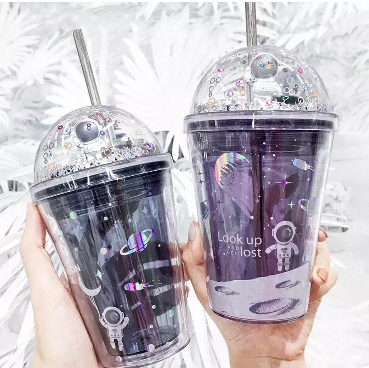 450ml Unisex Double Layer Creative Space Wandering Theme Heat Insulated Straw Cup, Summer Straw Ice Cup, Large Capacity Plastic Water Bottle