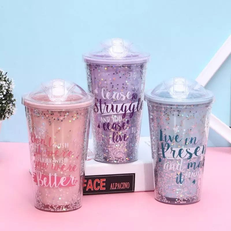 Creative Candy Color Star Graffiti Double Plastic Water Cup, Portable Summer Ice Drinking Water Cup With Straw, Dreamy Glitter Water Cup