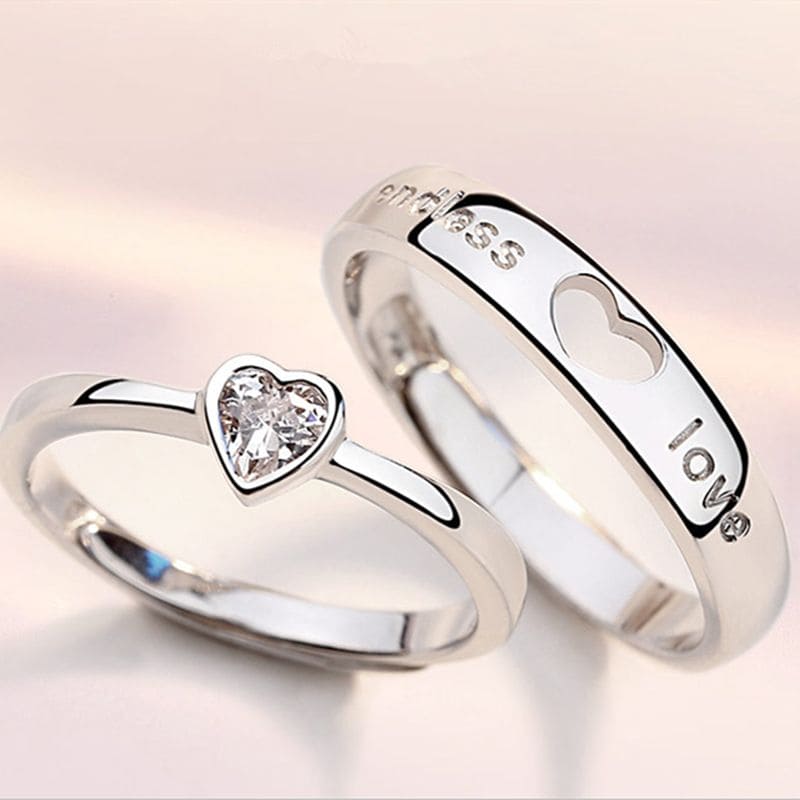 Heart Matching Couple Rings Set, Forever Endless Love Wedding Ring, Love Engagement Wedding Couple Rings, Adjustable Heart Shaped Silver Ring