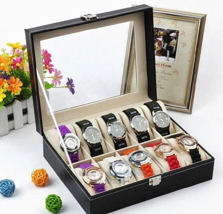 10 Grid Leather Watch Organizer, Watch Box With Glass Top, 10 Slot Display Case Watch Organizer