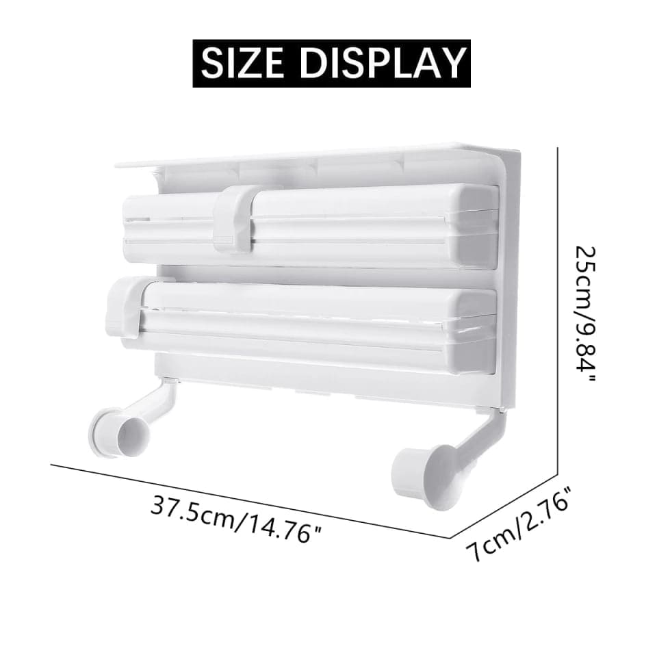 3 In 1 Multifunctional Kitchen Roll Holder, Cling Film Wall Mounted Paper Holder Shelf, Triple Food Wrap Dispenser, Kitchen Roll Holder With Spice Rack and Slide Cutter, Multifunctional Cling Film Cutter