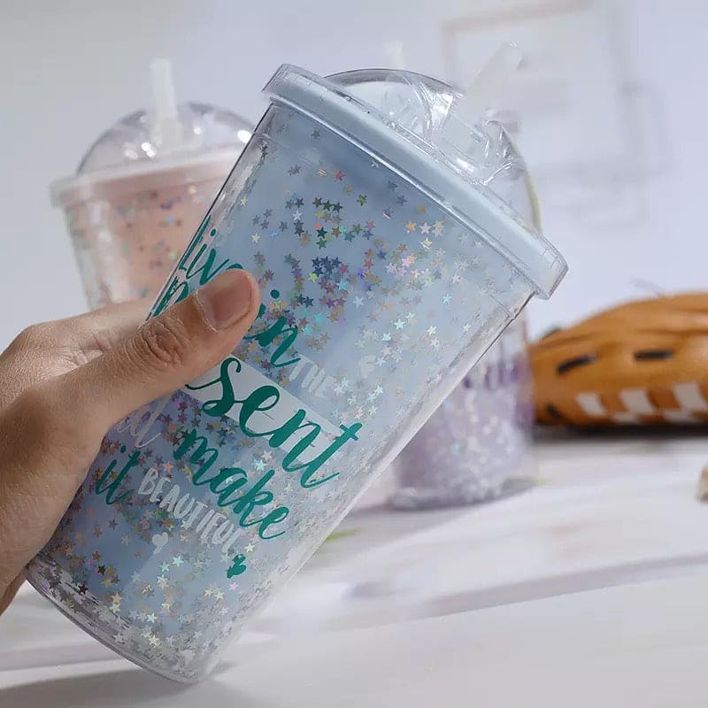 Creative Candy Color Star Graffiti Double Plastic Water Cup, Portable Summer Ice Drinking Water Cup With Straw, Dreamy Glitter Water Cup