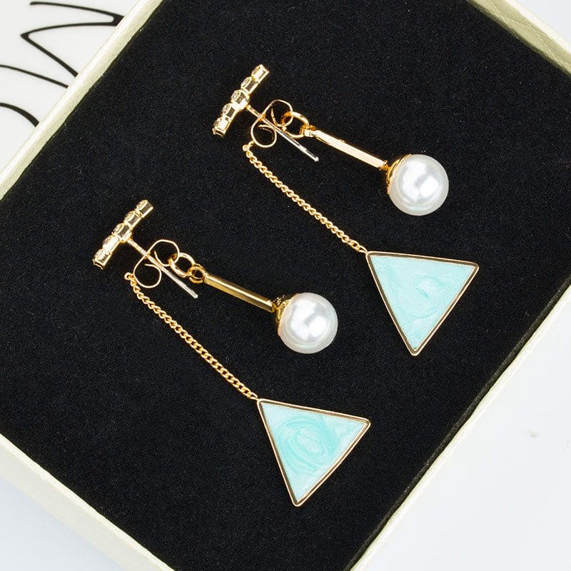 Triangular Pearl Tassel Earrings, Long Dangle Earrings For Women, Geometric Triangle Hanging Dangle Earrings