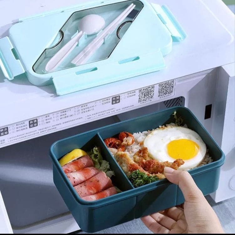 Microwave Oven Lunch Box With Spoon, 2 Compartment Plastic Divided Food Storage Container, Portable Food Grade Plastic Lunch Box, Portable Hermetic Bento Box