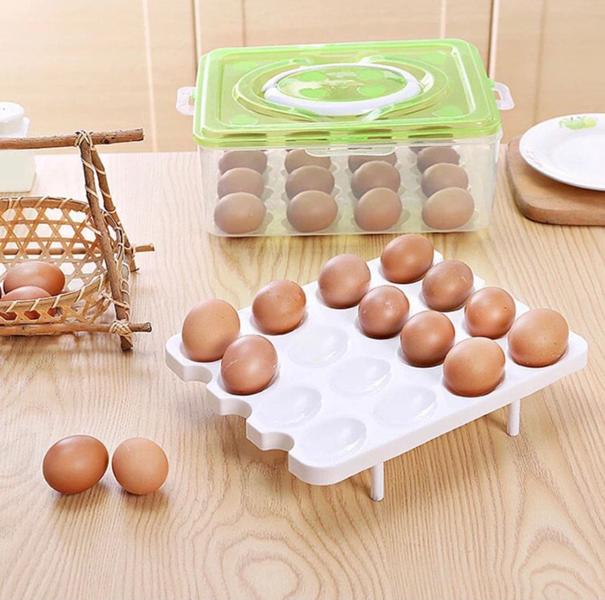 Portable Egg Storage Box, Visible Egg Tray Case, 2 Layers 32 Cells Eggs Storage Box with Lid & Handle