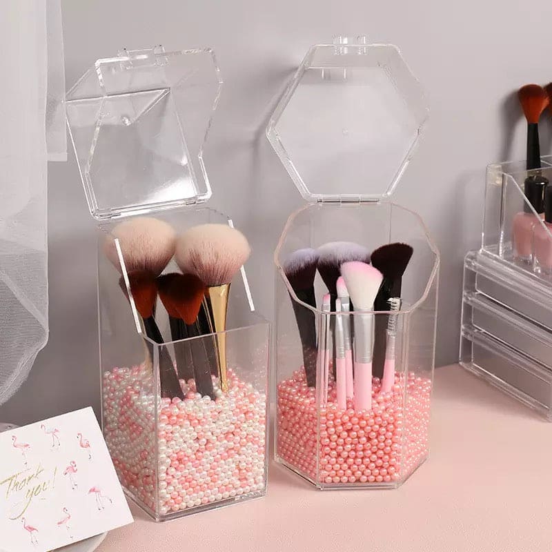 Pearl Cosmetic Brush Holder, Transparent Acrylic Cosmetic Brush Container, Brush Holder Cosmetic Brush Container Dustproof Beauty Makeup Tools Organizer, Cosmetics Brush Storage Box with Lid