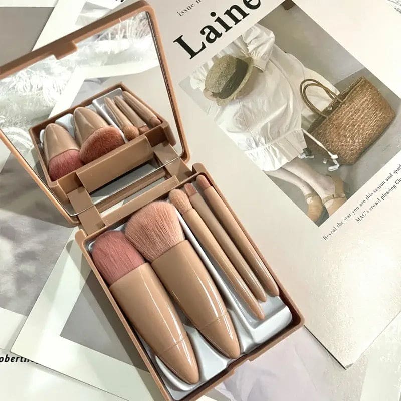 5 Pcs Mini Travel Makeup Brush Set, Portable Makeup Brush Box With Mirror, Giant Soft Loose Powder Blush Eye Shadow Cosmetic Brushes, Mini Makeup Brush, Reusable Artificial Fibers Eyeshadow Beauty Makeup Brush, Portable Blush Brush, Concealer Brush