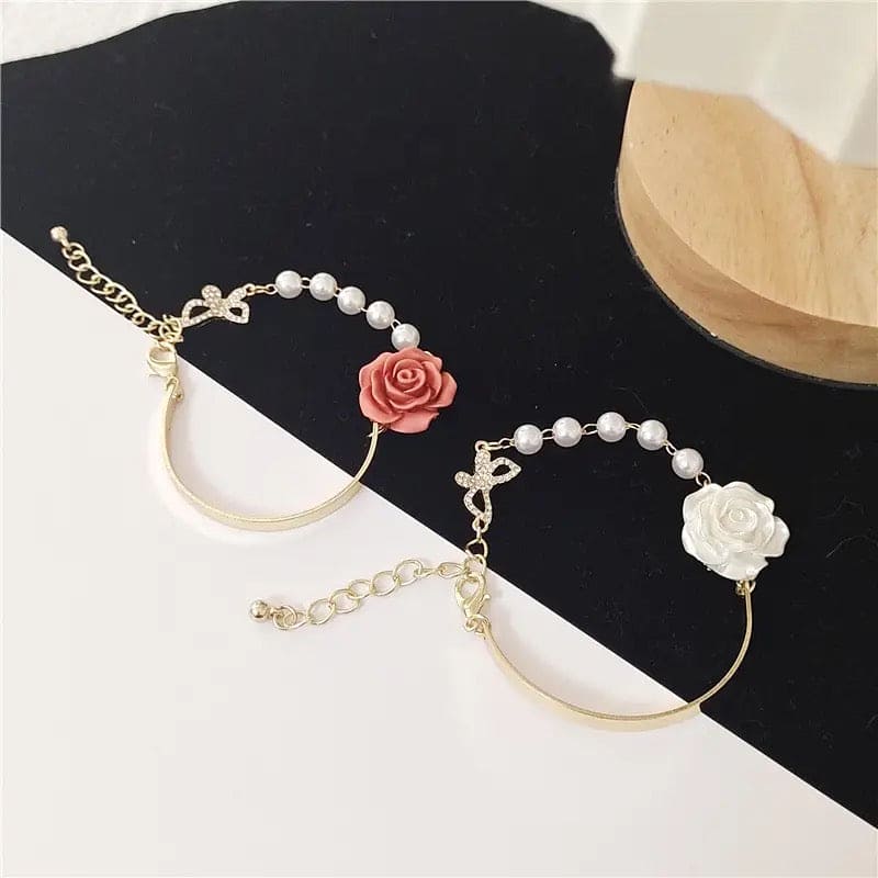 New Sweet Hollow Rose Bracelet, Baroque Pearl Necklace With Rose Flower Pendant, Imitation Hetian Jade Beaded Charm Bracelet