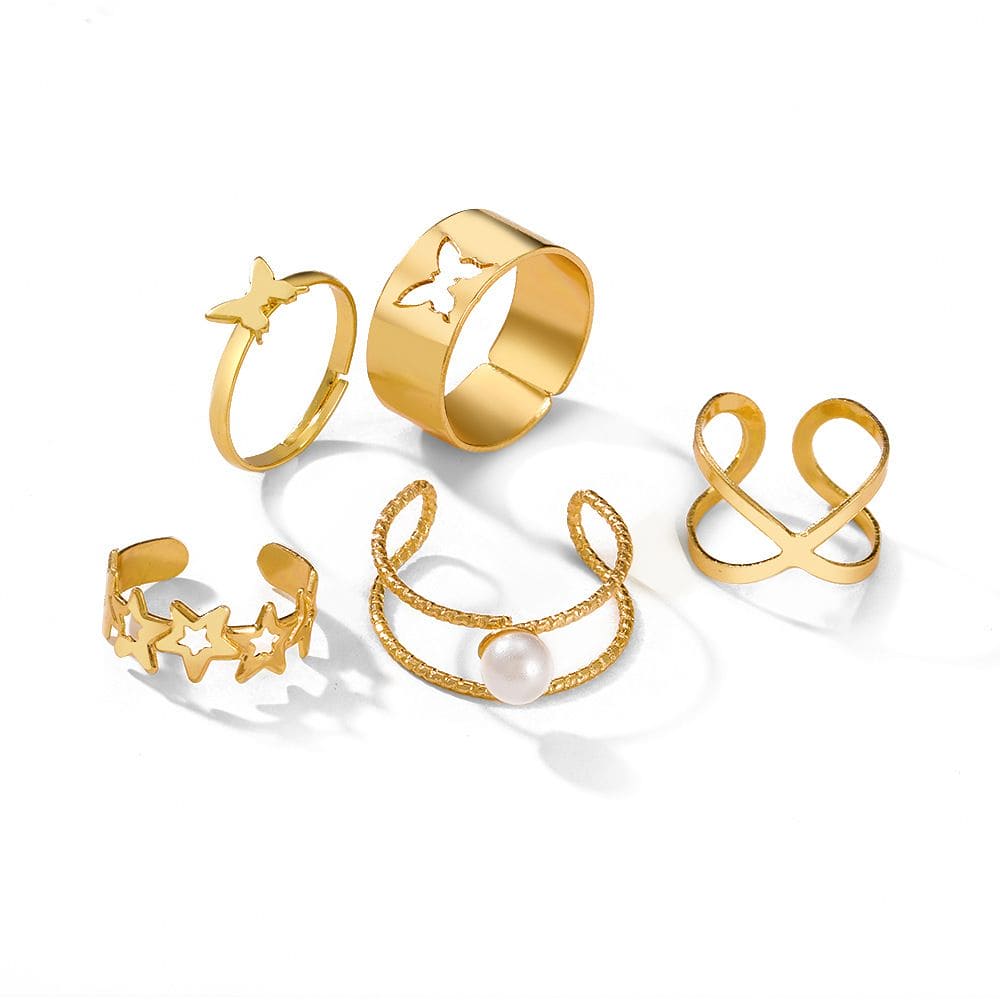 Set Of 5 Butterfly Cross Pearl Rings, Docona Elegant Rings, Vintage Elegant Imitation Rings, Vintage Butterfly Circle Joint Ring Boho Finger Rings Jewelry