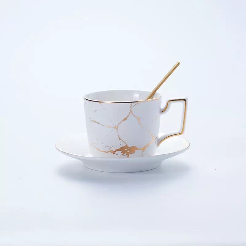 200ml Luxury Marble Ceramic Coffee Cups And Saucers Set With Gold Stand, Marble Ceramic Coffee Cup Saucer Spoon Set, Nordic Matt Porcelain Tea Set, Advanced Teacups