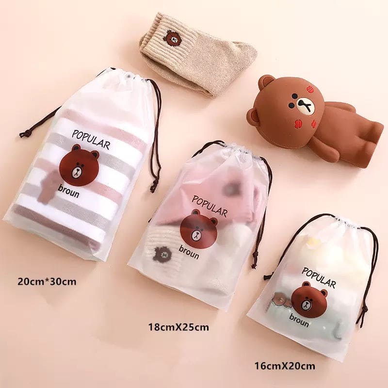 Set Of 4 Portable Waterproof Cute Bear Print Drawstring, Waterproof Travel Luggage Bag, Home Clothes Storage Bag, Shoes Organizer Pouch, Portable Cartoon Drawstring Shoe Storage, Waterproof Cosmetic Storage Bag, Transparent Clothing Drawstring Pocket