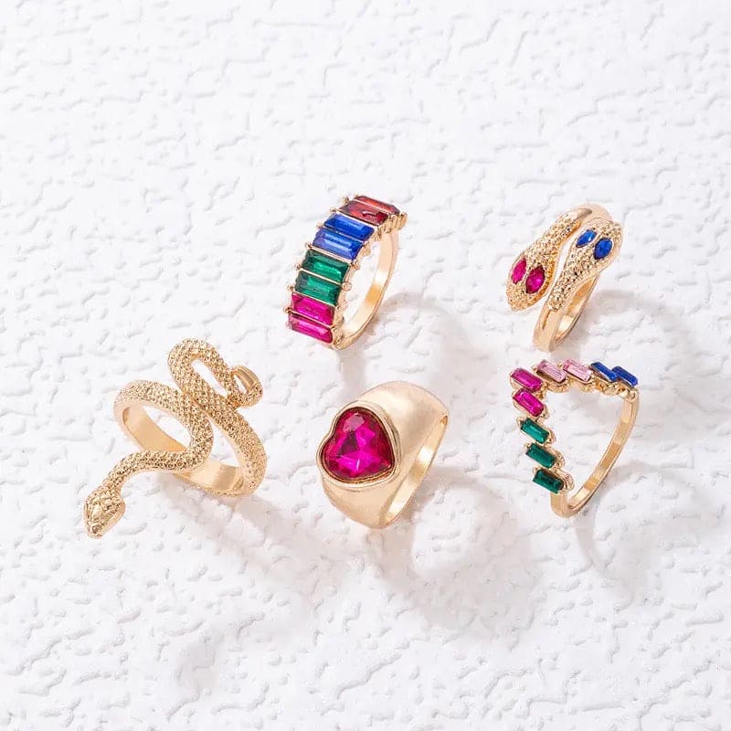Multicolor Stone Heart Snake Ring Set For Women, Colorful Crystal Stone Snake Joint Ring Sets