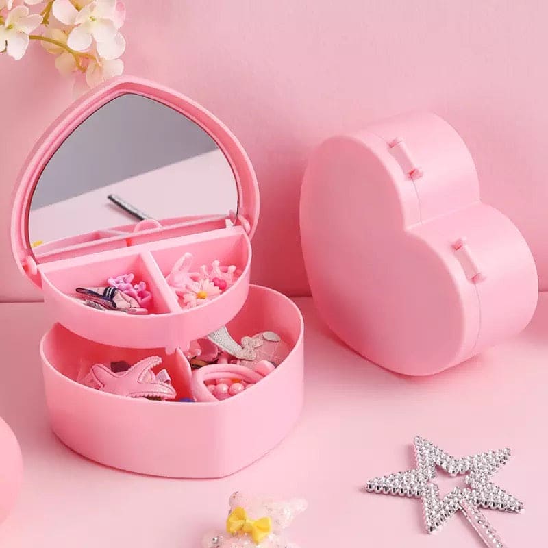 Mini Heart Jewelry Box, Love Shape Jewelry Box, Display Earrings Ring Jewelry Case Box, Double Layer Jewelry Organizer With Mirror, Pink Girl Heart Storage Box