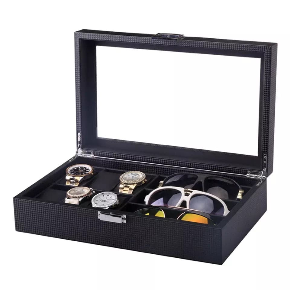 6/3 Grids PU Leather Watch Box, Sunglasses Organizer, Jewelry Collection Storage Display Container, Glasses Display Case Organizer
