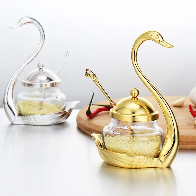 Luxury Swan Sugar Pot, Aluminum Condiment Pot, Seasoning Container Spice Glass Jar, Salt Sugar Bowl Pepper Container, Tableware Dinnerware Home Table Decor, Storage Organizer Swan Rack, Aluminum alloy Condiment Organizer