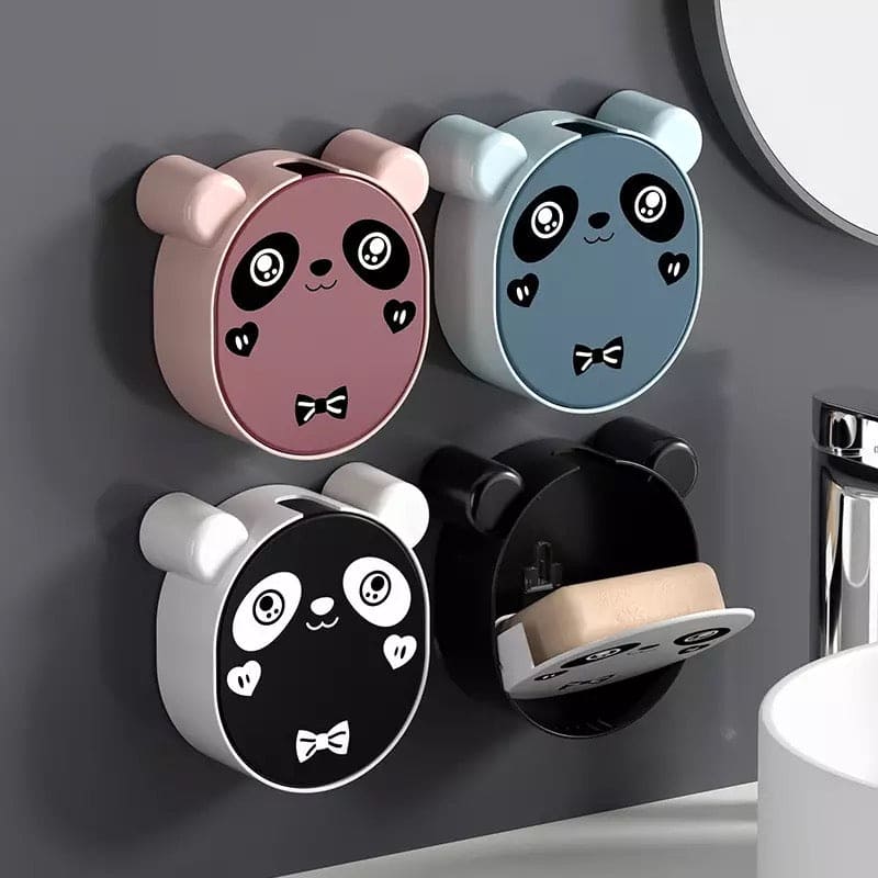 Cute Panda Wall Mounted Soap Box With Lid, Punch Free Double Layer Drain Soap Rack, Washbasin Soap Storage Box, Flip Cover Handmade Soap Shelf, Creative Soap Holder For Shower, Multifunctional Flip Top Drain Soap Dish