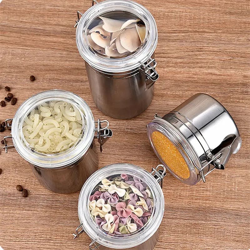 Set Of 4 Stainless Steel Airtight Sealed Canister, Coffee Flour Sugar Tea Container, Kitchen Container Seal Storage Jars With Plastic Cover, Miscellaneous Grain Food Storage Containers, Metal Sealed Can, Tea Leaf Organizer, Kitchen Accessories