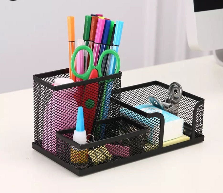 Multipurpose Metallic Stationary Organizer, 3 In 1 Desk Stationary Organizer, Multifunctional Office Stationery Desk Organizer, Large Capacity Desk Pen Holder, Metal Mesh Home Office Pen Stationery Storage Organizer, Hollow Creative  Pen Holder