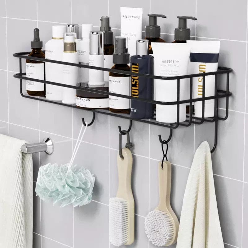 Wall Mounted Bathroom Hanging Shelf, Iron Shampoo Holder, Wall Mounted Floating Rack With Hooks, Bathroom Shower Storage Rack