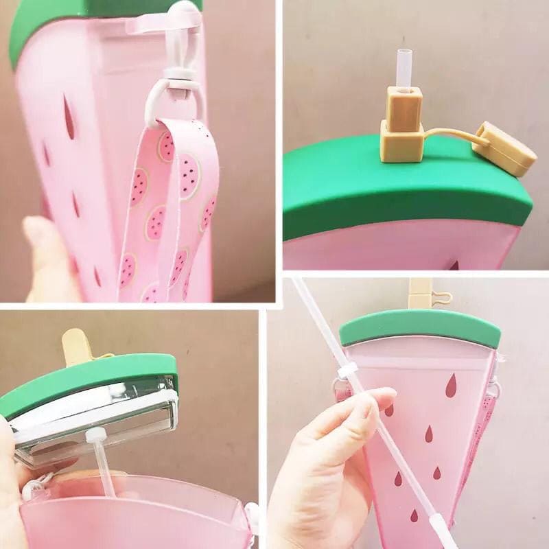 Summer Fruity Popsicle Water Bottle, Watermelon Shaped Water Bottle with Straw, Anti-Fall Portable Kids Bottle