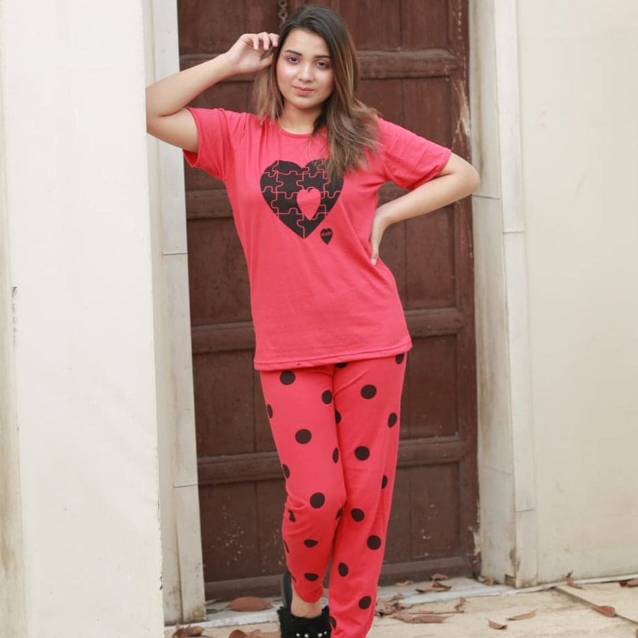 Polka Dots Heart Print Half Sleeves Nightsuit For Women